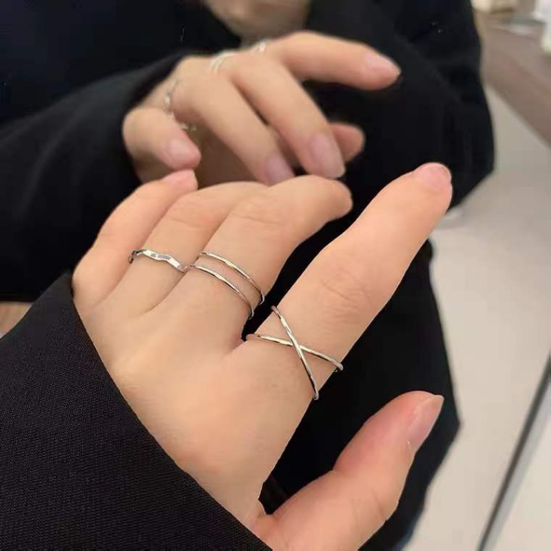 Papaozhu 3 Pcs Minimalis Perak Geometris Susun Cincin Untuk Wanita Perempuan Sederhana Fashion Cross Wave Knuckle Ring Set Jari Perhiasan