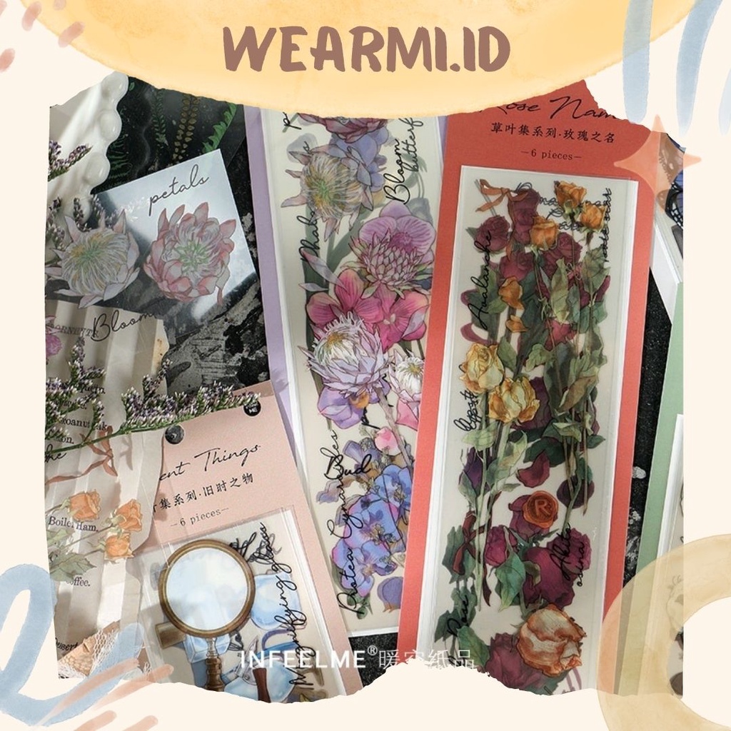 

6 pcs Sticker Pack Bunga Kupu Kupu Daun Flower PET Scrapbook Bujo Jurnal DIY