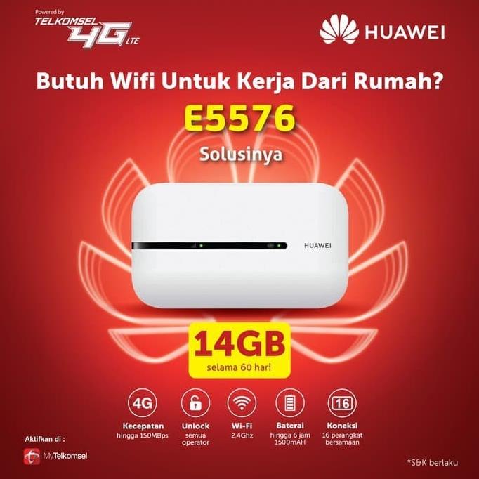 Mifi Modem Wifi 4G All Operator Huawei E5576 Free Telkomsel Kuota 14Gb