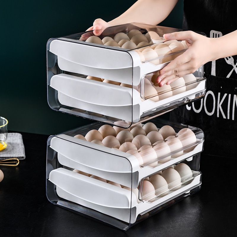 Tempat Telur 2 Tingkat Kotak Penyimpanan Telur Laci Double-Deck Home Egg Box Rak Transparan Rak Telur Rak Telur Kulkas