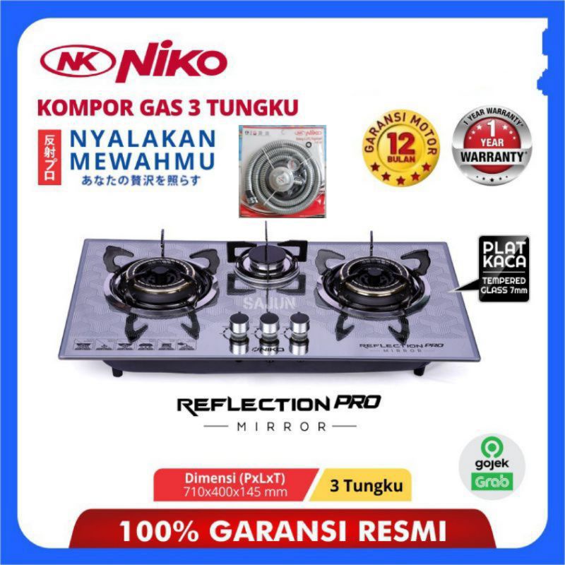 NIKO   3 Tungku, MIRROR  , Kompor Gas Kaca  2 Tungku