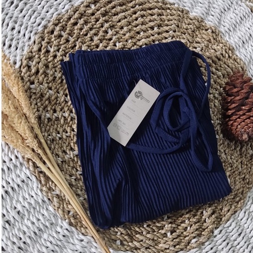 Celana Kulot Jumbo Plisket Lidi Kecil Premium Summer Highwaist Ribbon Pleated Cullotes Bawahan Wanita Termurah-navy