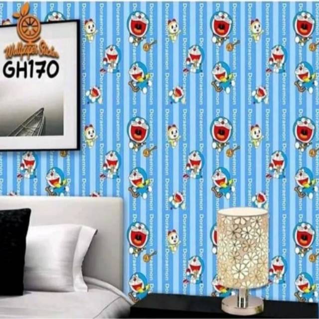 Wallpaper Dinding Motif Doraemon Garis Ukuran Panjang 10Meter x Lebar 45Cm