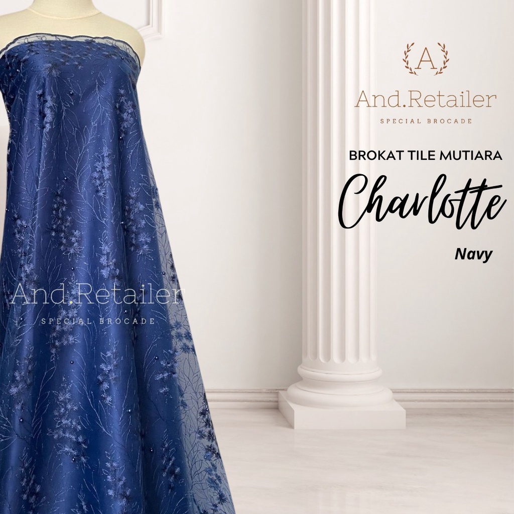 Bahan Kain Brokat Tile Mutiara Charlotte Warna Biru Navy Blue