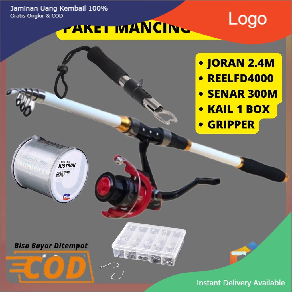 Set Pancingan Combo Lengkap 1 Set Siap Mancing Joran 2.4 Meter Reel FD4000 Senar 300M TANG REMOVER K
