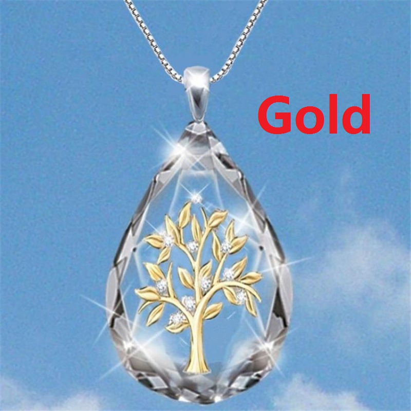Kalung Liontin Pohon Kehidupan Aksen Kristal Bahan Stainless Steel Untuk Wanita