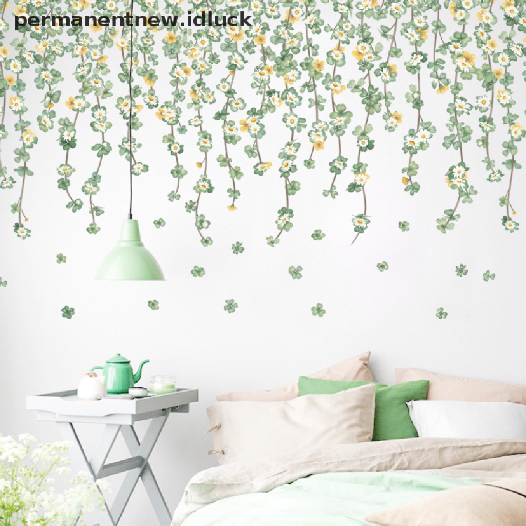 Stiker Dinding Motif Kartun Tanaman Clover Daisy Bahan Vinyl Untuk Dekorasi Ruang Tamu