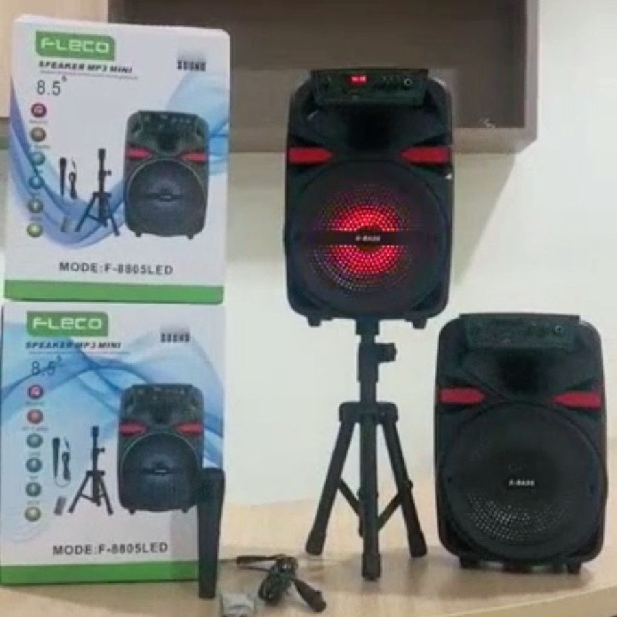 COD SPEAKER BLUETOOTH FLECO F-8808/F-8805/F-8806/F-8807 8.5 INCH X-BASS BONUS STAND PLUS MIC KARAOKE //SPEAKER FLECO X-BASS//SPEAKER SALON AKTIF//SPEAKER KARAOKE