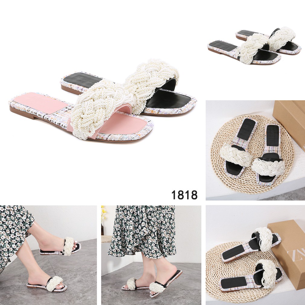 ZR Pearl Detail Woven Slide Sandals #1818