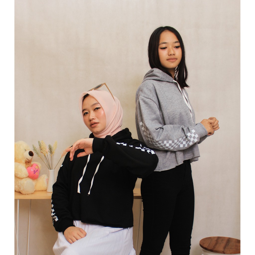 Sweater Crop Hoodie M0tif CATUR TANGAN  // Sweater Wanita korean