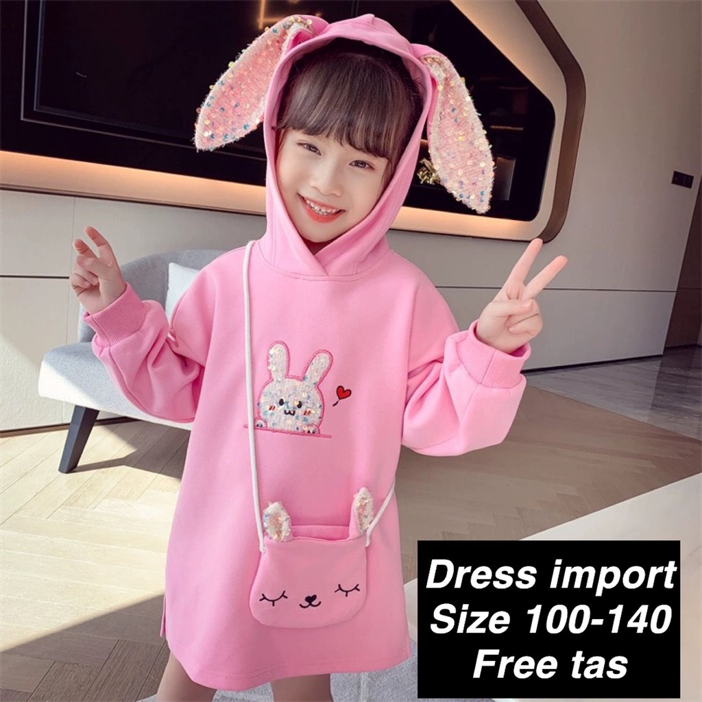 (LOLI-JKT) BD-136 DRESS ANAK BUNNY SWEETLOVE FREE TAS  100-140 BAHAN LEMBUT