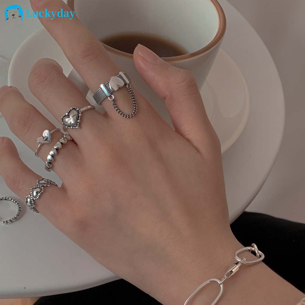 YEEZII 5pcs / Set Cincin Rantai Model Terbuka Adjustable Desain Hati Hollow Warna Silver Gaya Retro Untuk Wanita