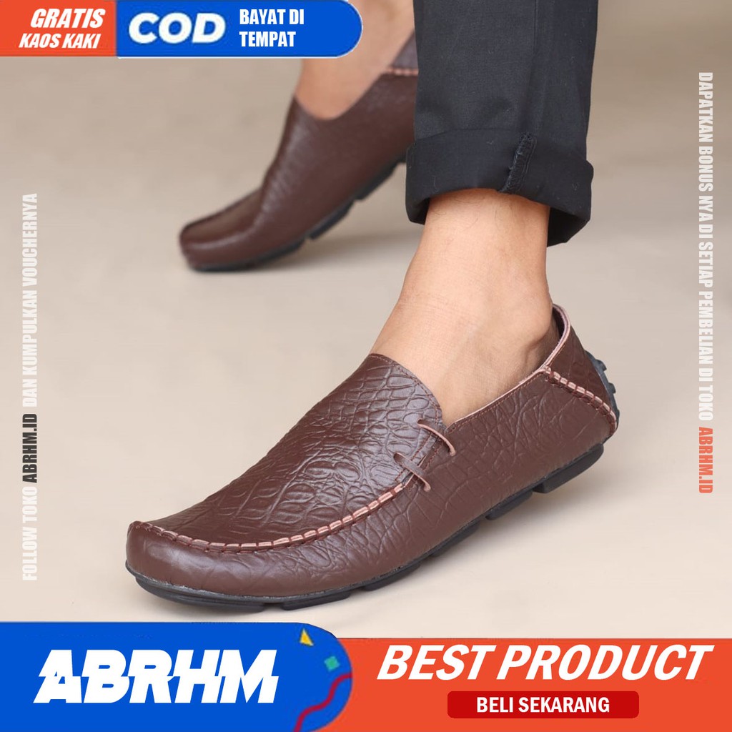 ABRHM x MOCLAY Sepatu Slip On Casual Pria Sepatu Slop Cowok Mocasin Anti slip Kulit Asli Sepatu kerja Pantofel Semi formal Keren Kekinian Original