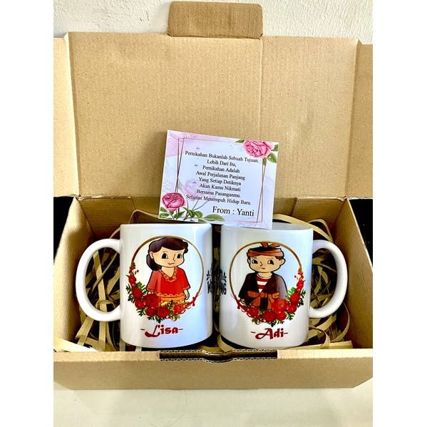 mug costum, cangkir , gelas minum, kado pernikahan, hampers