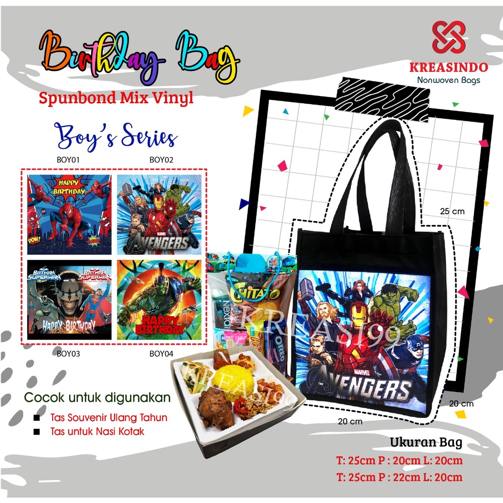 

Tas Ulang Tahun Spunbond Vynil custom MURAHH & HIGH QUALITY...isi 12 pcs...!! AVENGERS!!