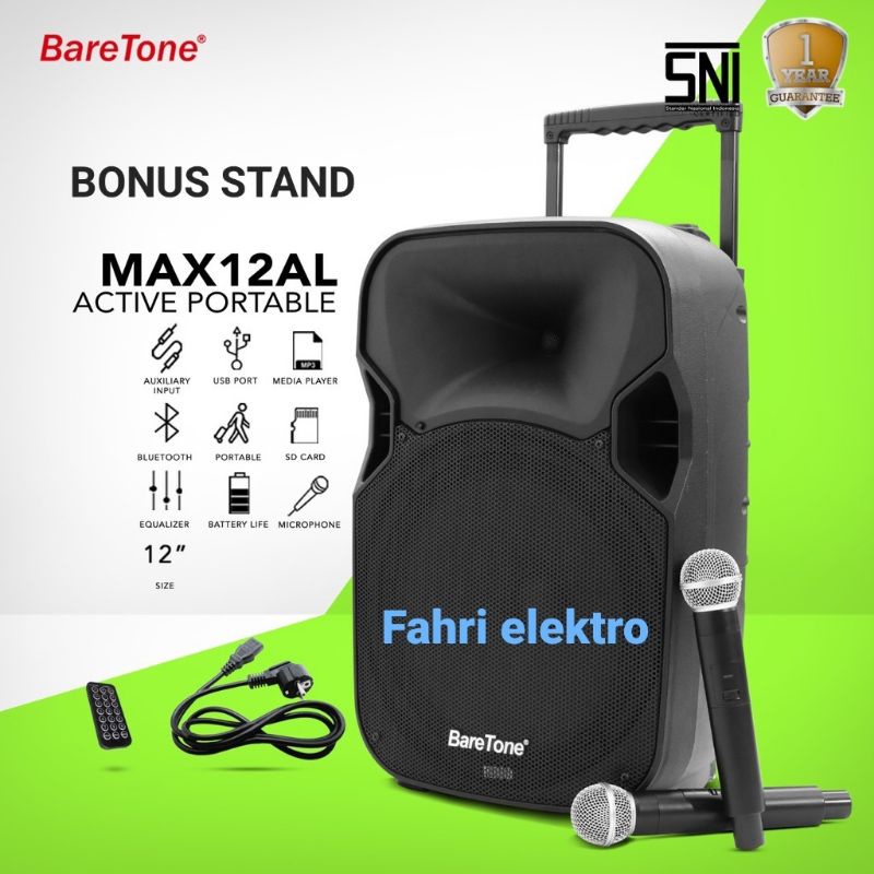 Speaker Aktif Portable 12 Inch Baretone Max12AL Bluetooth Karaoke Mic Wireless Original MAX 12AL # G