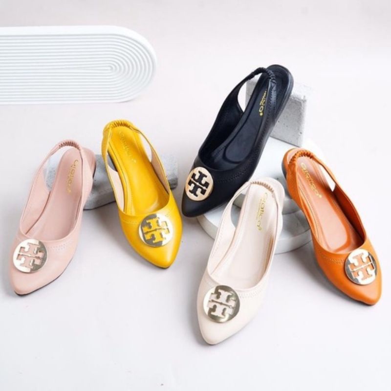 Sepatu Wanita Karet Kelakang Variasi Gold Bahan Sintetis