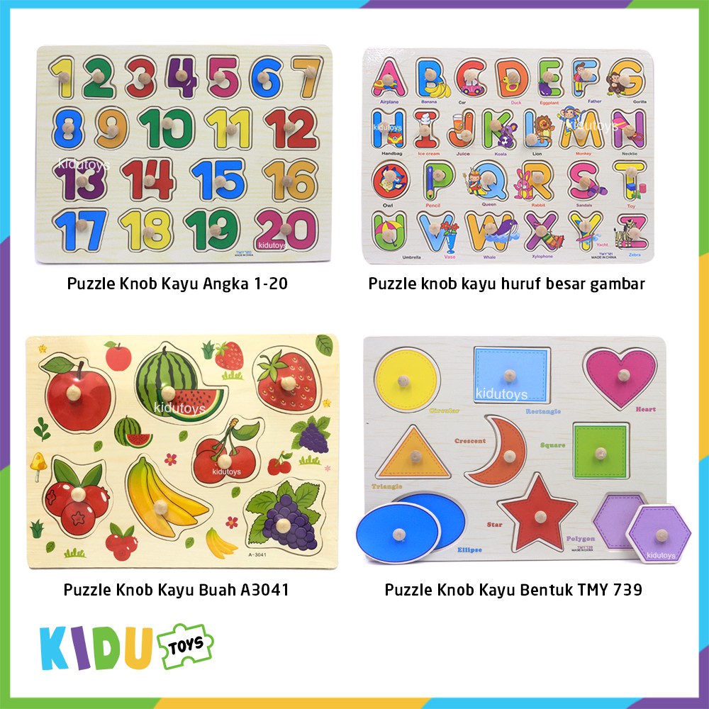 Mainan Anak Puzzle Knob Kayu Huruf / Angka / Hewan / Sayur / Buah (Beli 3 = HARGA GROSIR, Boleh Mix) Kidu Toys