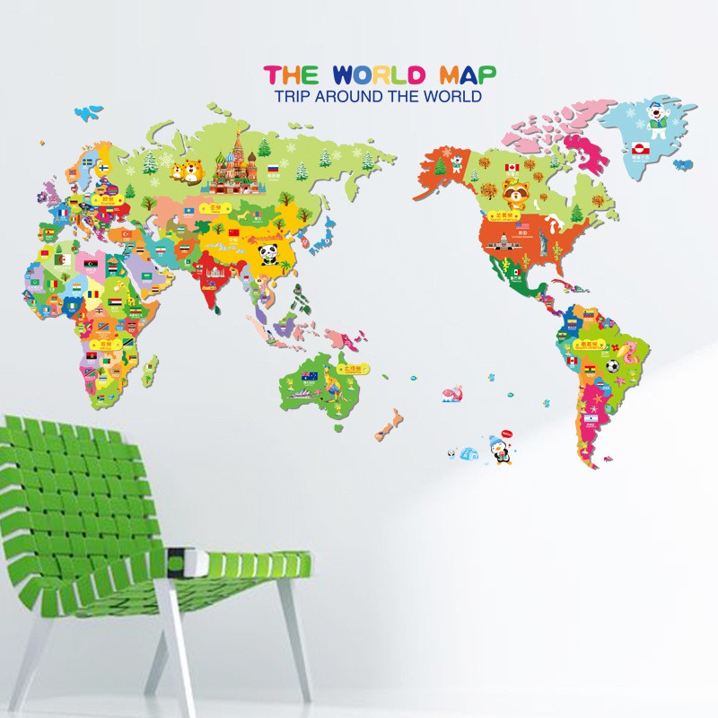 RELIZA WALL STICKER PETA DUNIA THE WORLD MAP GLOBE KIDS ANAK STUDY STIKER DINDING XL7123