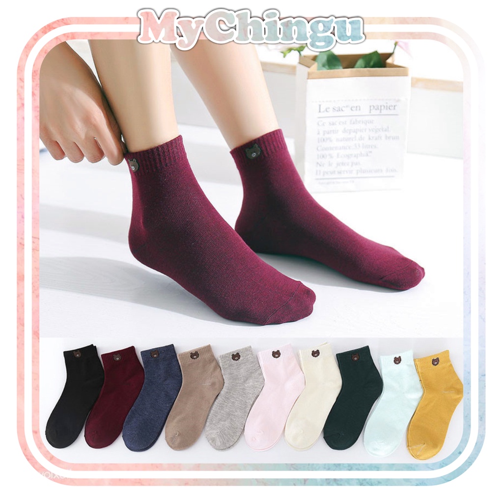 ❀ Chingu ❀ KK012 Kaos Kaki (Tanpa Kemasan) Wanita Panjang Diatas Mata Kaki Motif Bear Beruang Fashion Korea Women Sock Import Murah