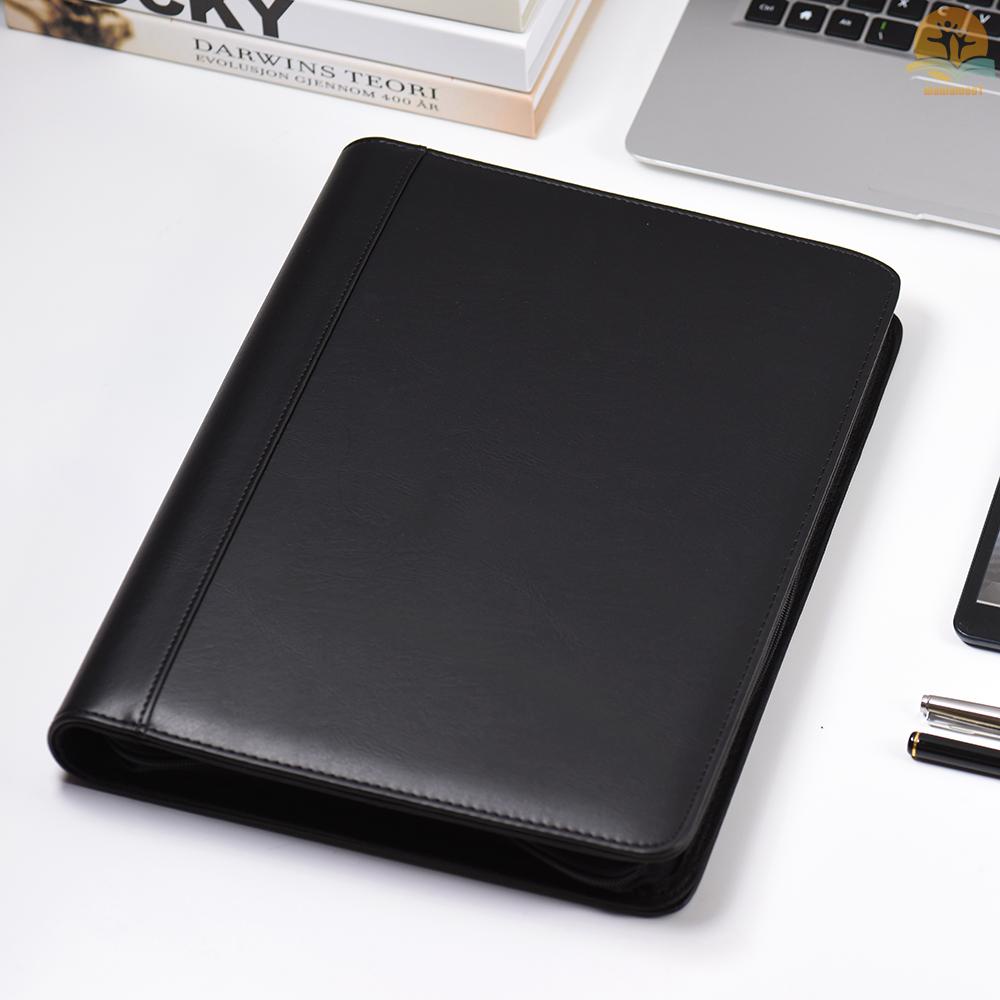 Multifunctional Professional Business Portfolio Padfolio Folder Document Case Organizer A4 PU Leather Zippered Closure Loose-leaf Loop with Business Card Holder Memo Note Pad