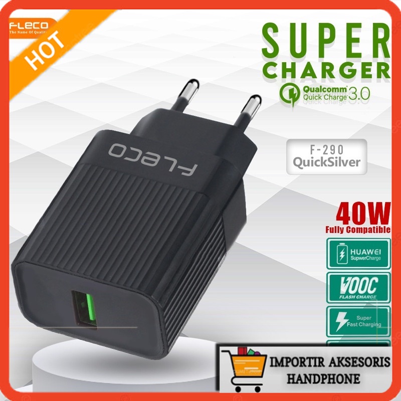 Charger FLECO F-290 40watt SUPER VOOC 4A Fast Charging QC 3.0A Cas Kabel Micro Usb Type c