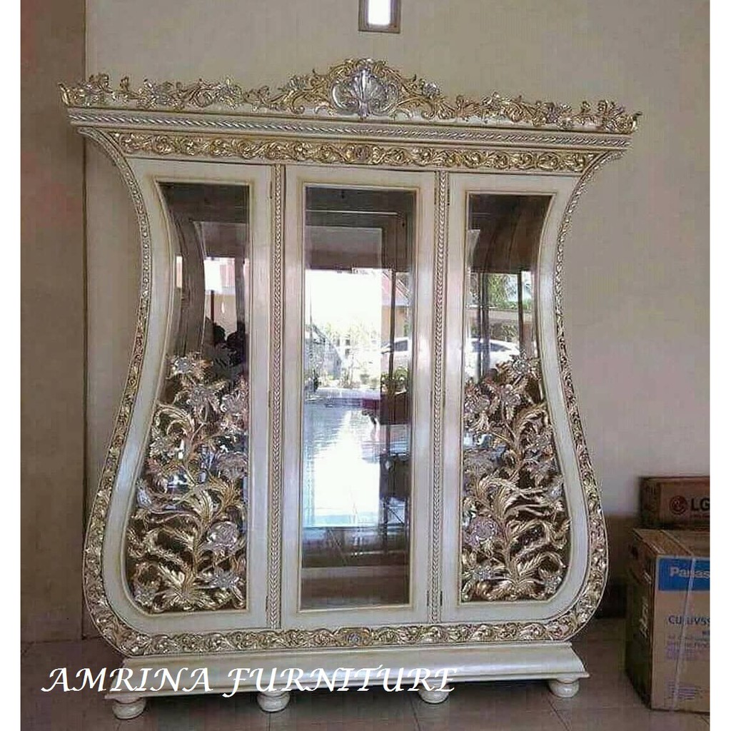 lemari hias pajangan biola ukiran duco