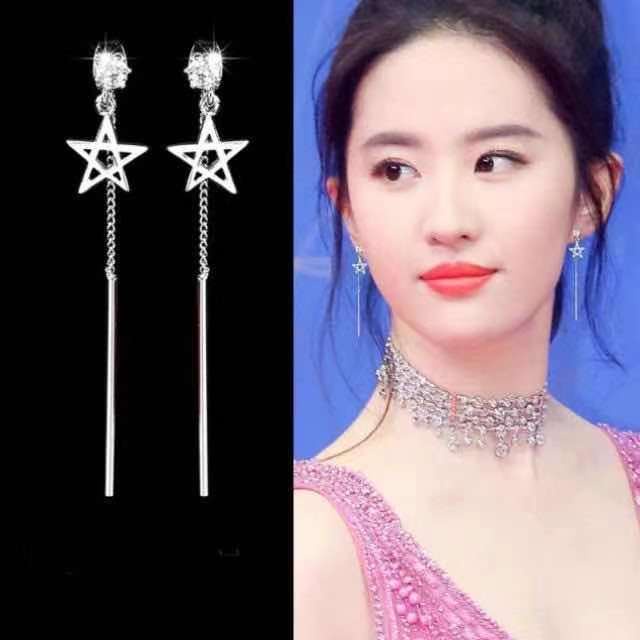 S925 sterling silver anting-anting anting-anting gaya Korea pentagram zirkon menjuntai anting-anting