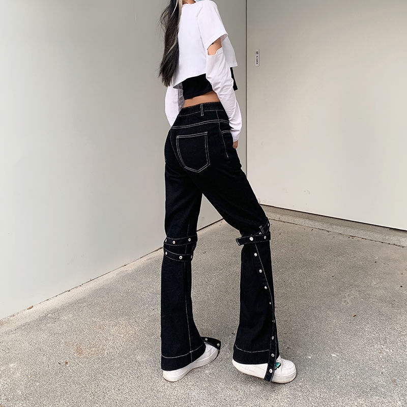 BIIKPIIK Gaya Eropa dan Amerika Street High Waist Lurus Garis Terbuka Pita Celana Jeans Wanita Longg