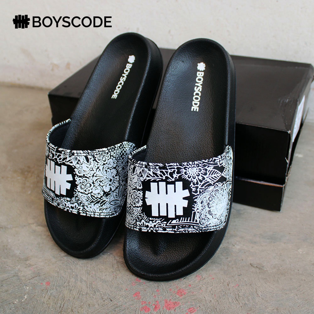 Sendal Selop Pria Distro Boyscode Motif Batik Logo Original Fullblack / Sendal Slide Pria