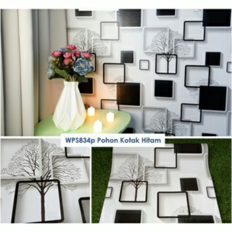 wallpaper stiker dinding 3d motif pohon kotak hitam,45cm x 10m