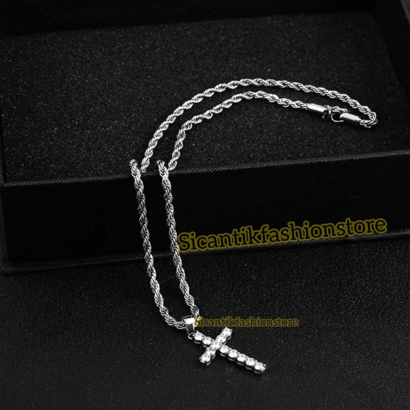 Kalung Titanium tambang lilit liontin Salib silver permata Fashion wanita/pria terlaris anti Karat