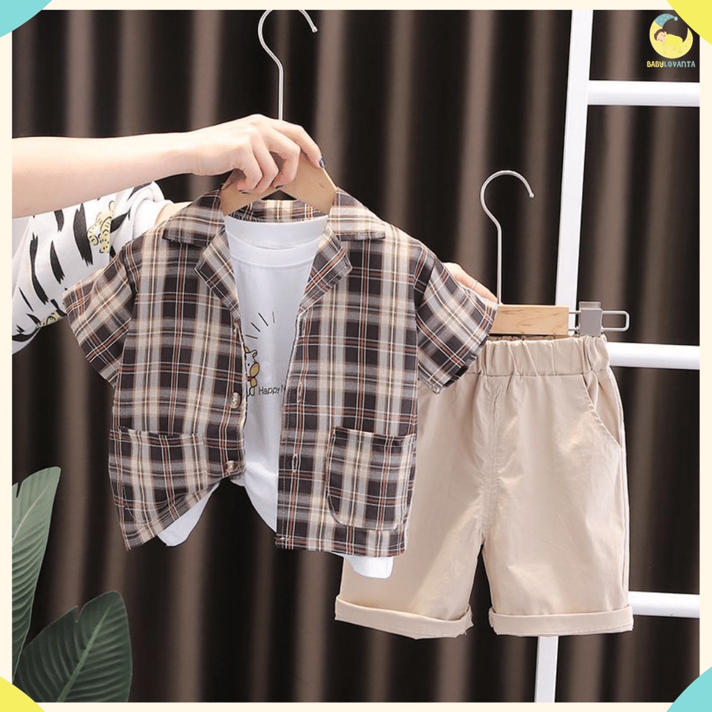 BABYLOVANTA- Setelan baju kemeja anak impor premium / Baju baby Kemeja Lengan pendek 0-5 Tahun Motif KOTAK BROWN  Baju baby impor