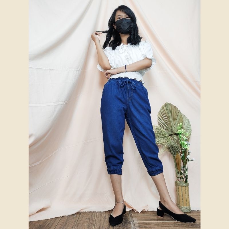 SB Collection Celana Widiya  7/8 Joger Jeans Midi Wanita Biru