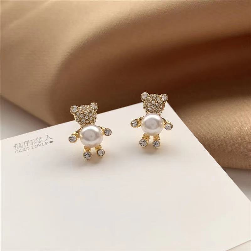 Sterling silver jarum Korea Selatan Dongdaemun berlian imitasi Beruang mutiara stud anting-anting se