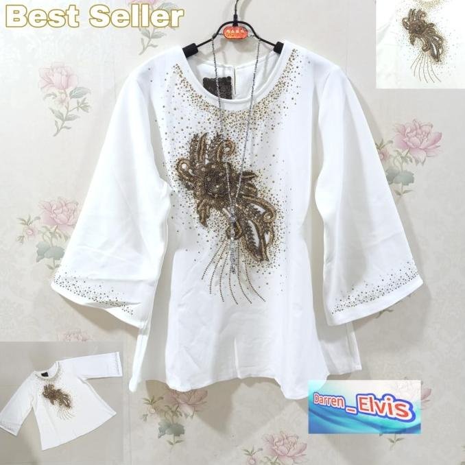 Atasan / Blouse / Wanita / Putih / Motif Bunga Gold