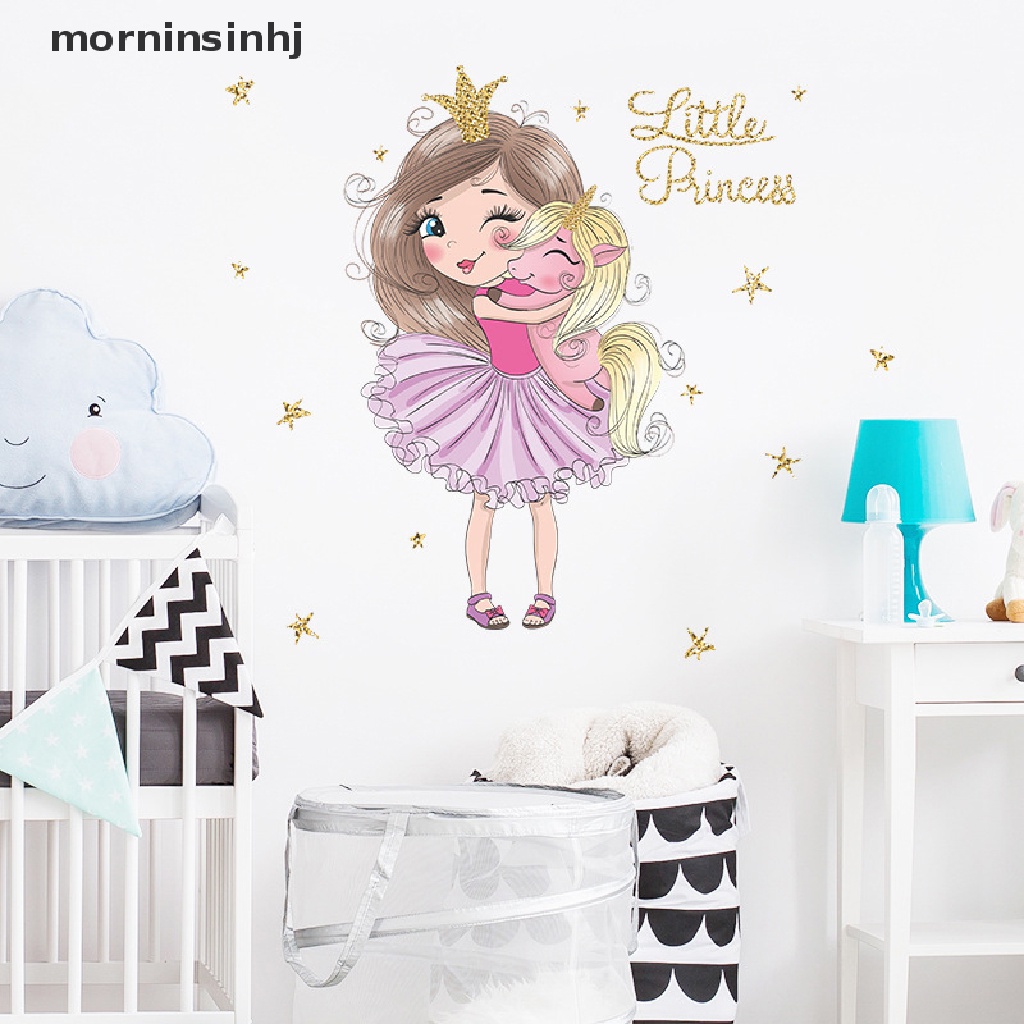 Mor Stiker Dinding Desain Princess &amp; Little Unicorn Lucu Untuk Kamar Tidur