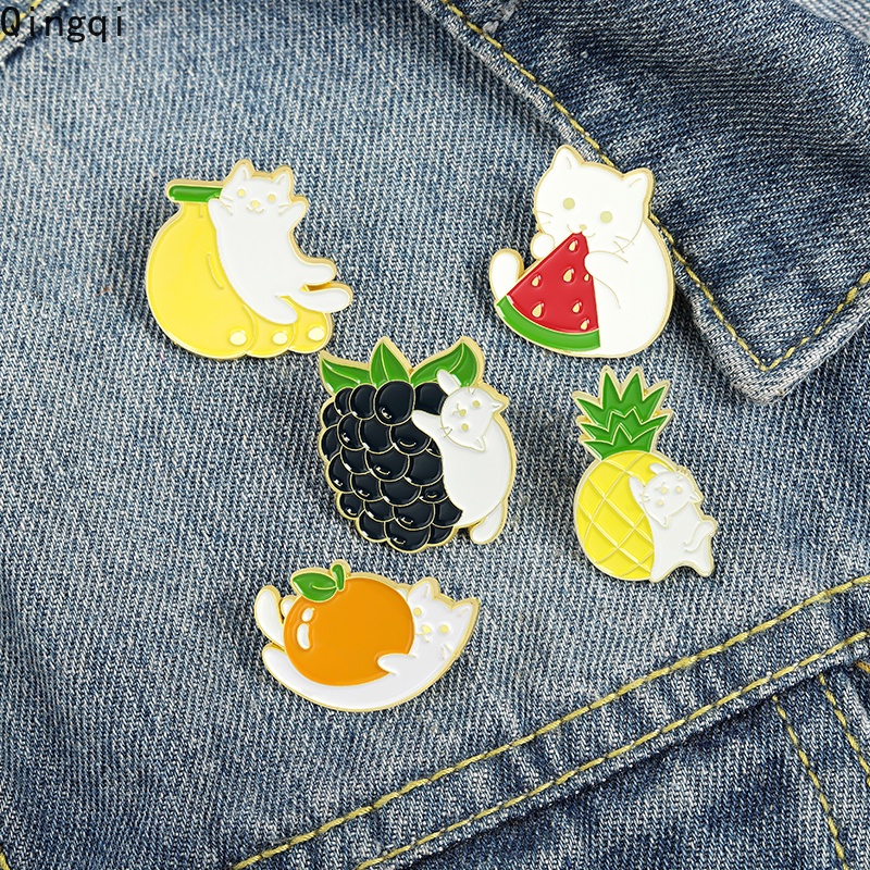 Bros Pin Enamel Desain Kartun Buah Jeruk Anggur Semangka Pisang Nanas Kucing Untuk Pakaian Tas