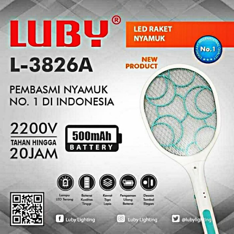 RAKET NYAMUK LUBY 3826A senter LED rechargeable cas awet serangga