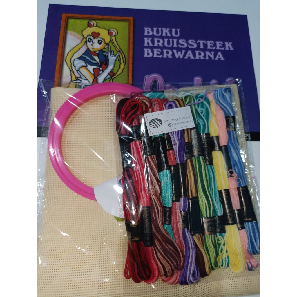 Paket Alat Sulam Strimin Set G Pemidangan/Hoop Plastik Lengkap dg Buku Kristik Bagus Murah DIY Craft