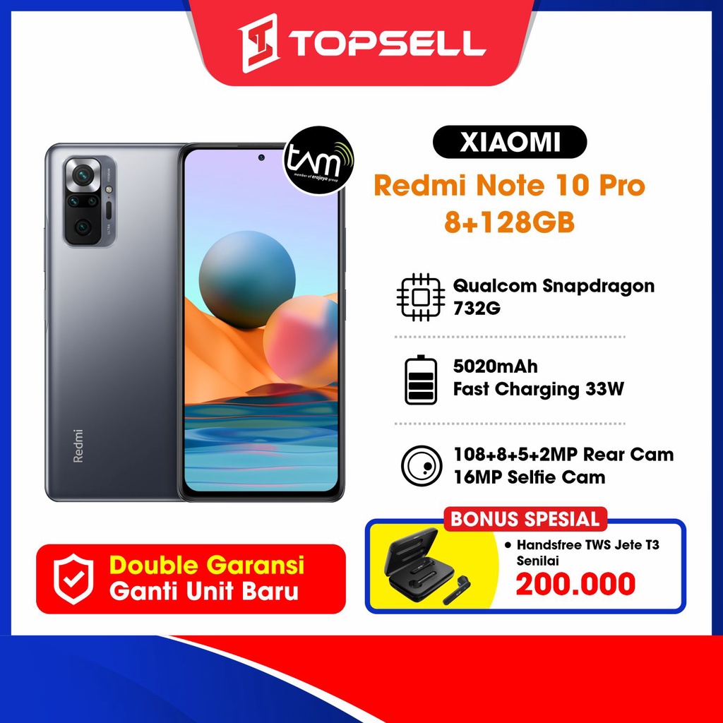 xiaomi redmi note 10 pro segel 8 128gb amoled 6 67  108mp quad kamera snapdragon 732g baterai 5020ma