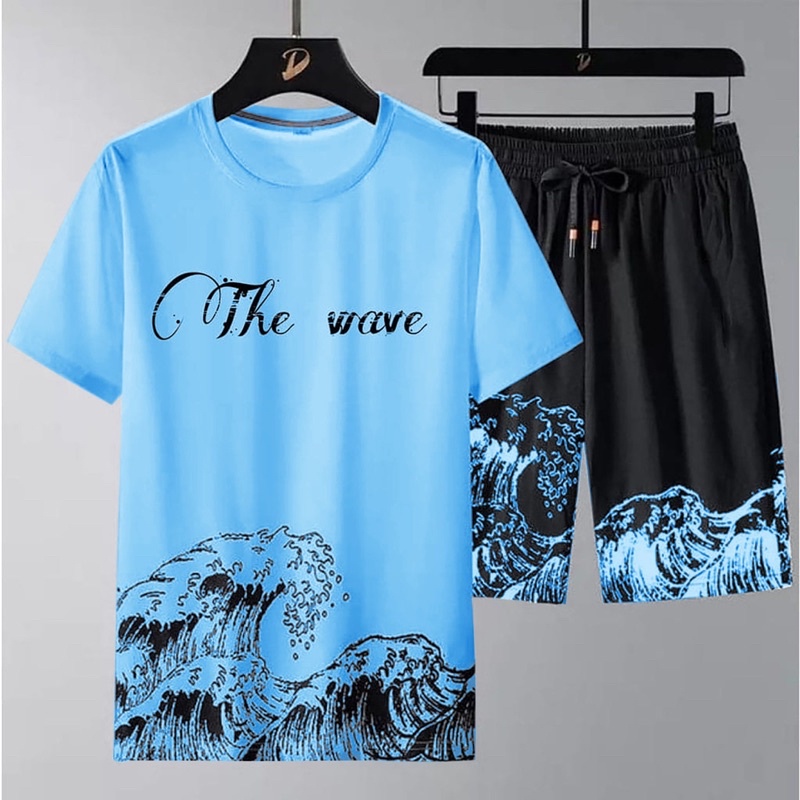 SETELAN ONE SET COWOK PRIA KAOS THE WAVE LENGAN PENDEK + CELANA PENDEK SANTAI