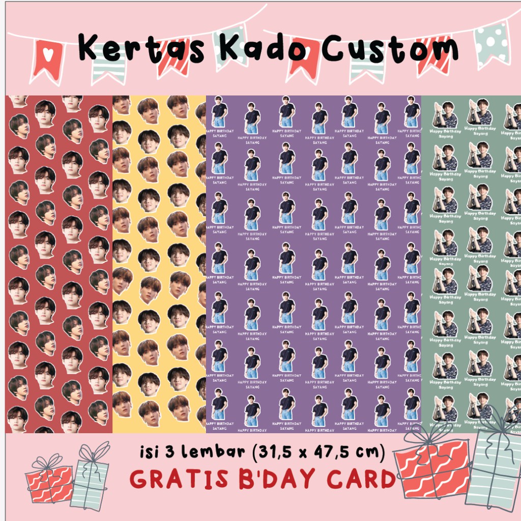 

KERTAS KADO CUSTOM TAMBAH FOTO/TULISAN (3 lembar)FREE B'DAY CARD | cetak wrapping gift paper