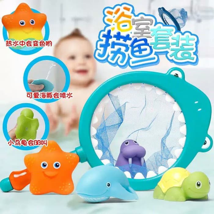 MOMBABY1 Mainan Mandi Anak Jaring Lengkap dengan Ikan 4 pcs