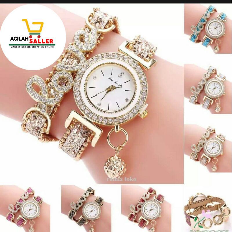 Jam Tangan Aksesoris Gelang Cinta  Cewe Wanita Gadis Stainless Merah Muda Tahan Air Emas Silver Biru