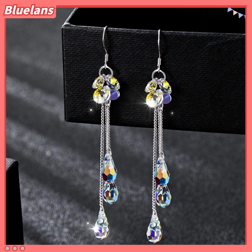 Bluelans Fashion Women Multicolor Rhinestone Long Chain Tassel Drop Dangle Hook Earrings