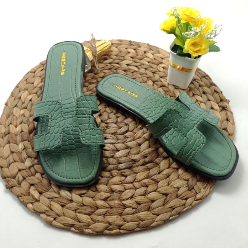 mqstars- Sandal Flat Wanita Croco Terbaru/Sendal Selop Teplek Slip on