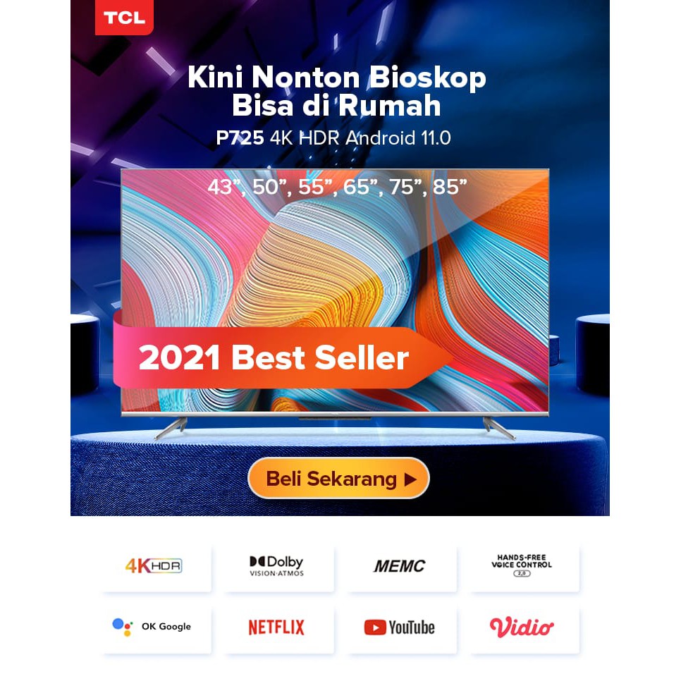 LED TV TCL 55P725 Smart Android TV 11.0 UHD 4K HandsFree Voice Control