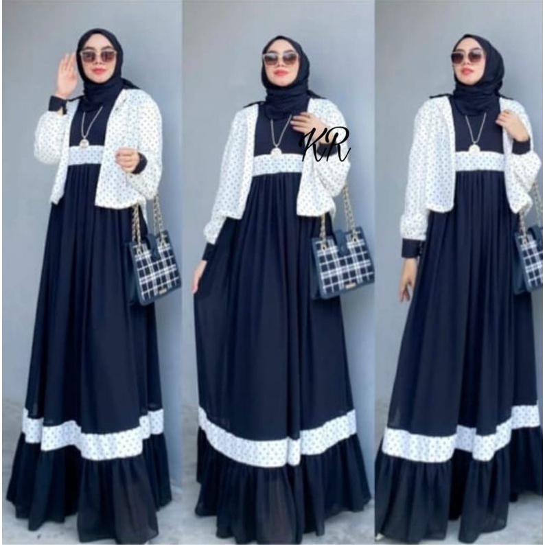 SET ROK HAWWA POLKA 2IN1, MOSCREPE KATUN, GAMIS HIJAB MUSLIM, MAXY DRESS