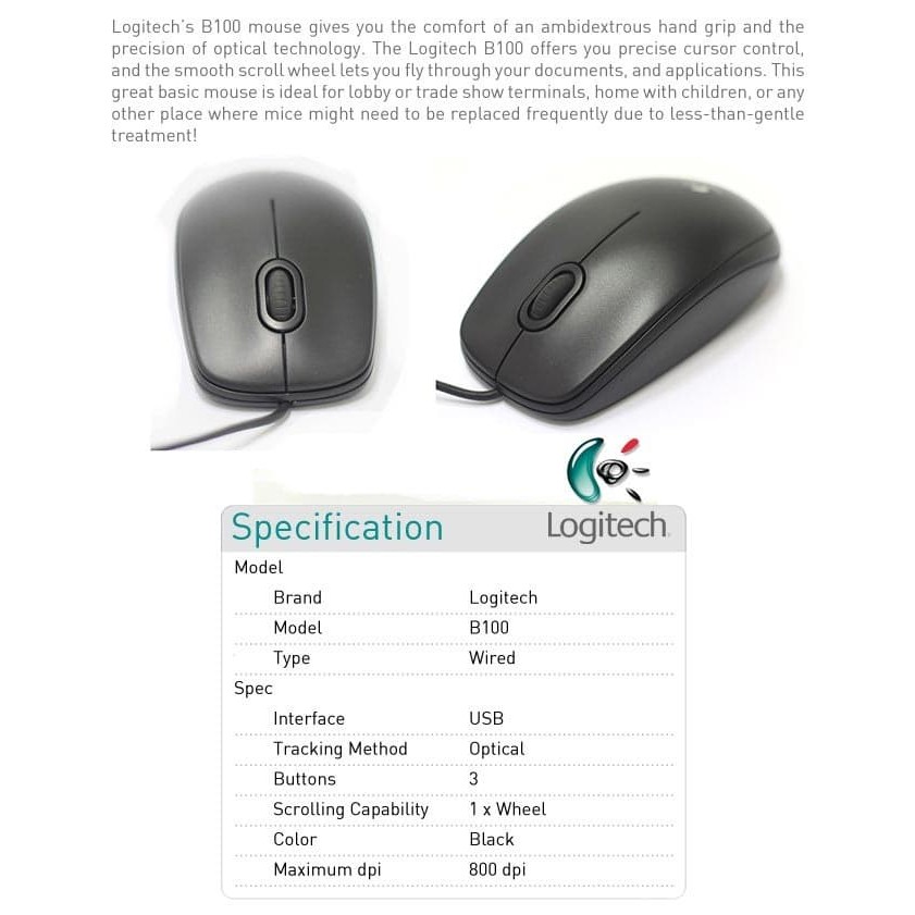 Mouse Logitech Optical B100 / Mouse Kabel Logitech B100